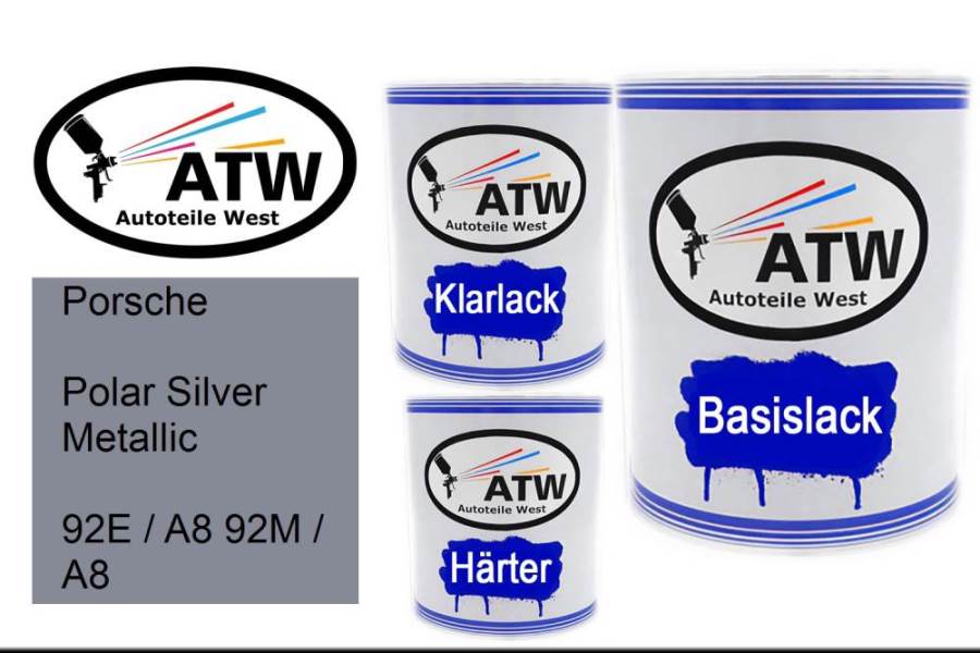 Porsche, Polar Silver Metallic, 92E / A8 92M / A8: 1L Lackdose + 1L Klarlack + 500ml Härter - Set, von ATW Autoteile West.